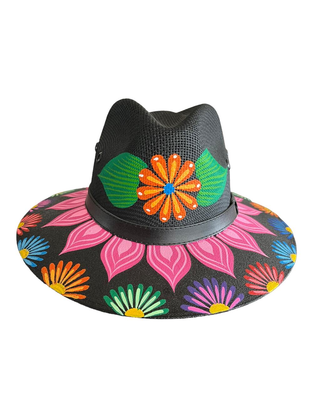 HAT MEXICAN Artisanal Hand Painted Fedora Floral Sombrero Panama Bohemian Black